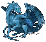 A small blue dragon resting on its haunches, with wings half-unfurled. It has a calm expression.