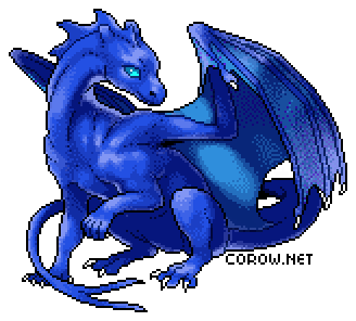A larger image of a small blue dragon resting on its haunches, with wings half-unfurled. It has a calm expression.
