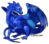 A small blue dragon resting on its haunches, with wings half-unfurled. It has a calm expression.