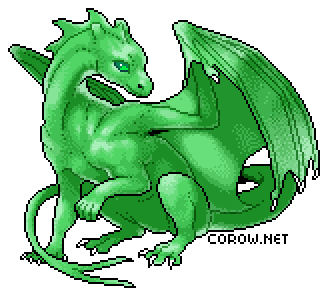 A larger image of a small green dragon resting on its haunches, with wings half-unfurled. It has a calm expression.