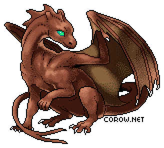 A larger image of a small brown dragon resting on its haunches, with wings half-unfurled. It has a calm expression.