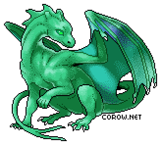 A larger image of a small green dragon resting on its haunches, with wings half-unfurled. It has a calm expression.
