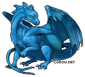 A larger image of a small blue dragon resting on its haunches, with wings half-unfurled. It has a calm expression.