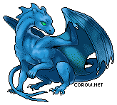 A small blue dragon resting on its haunches, with wings half-unfurled. It has a calm expression.