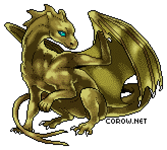 A larger image of a small bronze dragon resting on its haunches, with wings half-unfurled. It has a calm expression.