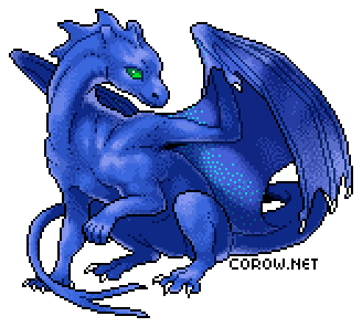 A larger image of a small blue dragon resting on its haunches, with wings half-unfurled. It has a calm expression.
