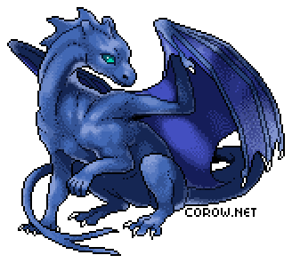 A larger image of a small blue dragon resting on its haunches, with wings half-unfurled. It has a calm expression.