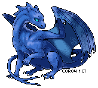 A larger image of a small blue dragon resting on its haunches, with wings half-unfurled. It has a calm expression.