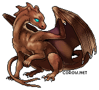 A larger image of a small brown dragon resting on its haunches, with wings half-unfurled. It has a calm expression.