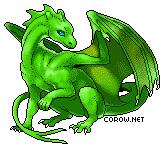 A small green dragon resting on its haunches, with wings half-unfurled. It has a calm expression.