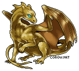 A larger image of a small bronze dragon resting on its haunches, with wings half-unfurled. It has a calm expression.