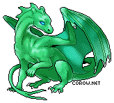 A small green dragon resting on its haunches, with wings half-unfurled. It has a calm expression.