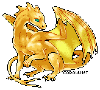 A larger image of a small gold dragon resting on its haunches, with wings half-unfurled. It has a calm expression.