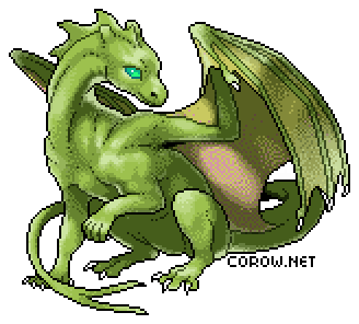 A larger image of a small green dragon resting on its haunches, with wings half-unfurled. It has a calm expression.