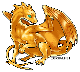 A small gold dragon resting on its haunches, with wings half-unfurled. It has a calm expression.