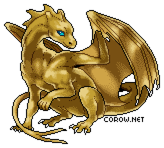 A larger image of a small bronze dragon resting on its haunches, with wings half-unfurled. It has a calm expression.