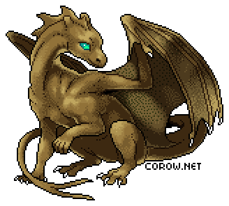 A larger image of a small brown dragon resting on its haunches, with wings half-unfurled. It has a calm expression.