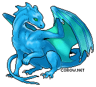 A larger image of a small blue dragon resting on its haunches, with wings half-unfurled. It has a calm expression.