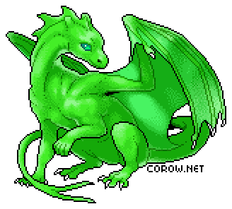 A larger image of a small green dragon resting on its haunches, with wings half-unfurled. It has a calm expression.