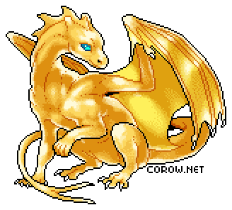 A larger image of a small gold dragon resting on its haunches, with wings half-unfurled. It has a calm expression.