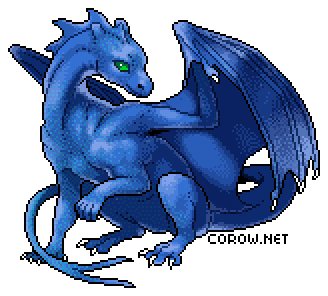 A larger image of a small blue dragon resting on its haunches, with wings half-unfurled. It has a calm expression.