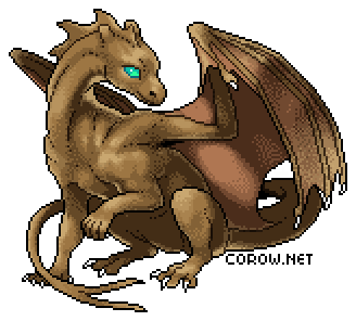 A larger image of a small brown dragon resting on its haunches, with wings half-unfurled. It has a calm expression.