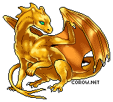 A small gold dragon resting on its haunches, with wings half-unfurled. It has a calm expression.