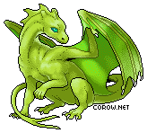 A small green dragon resting on its haunches, with wings half-unfurled. It has a calm expression.