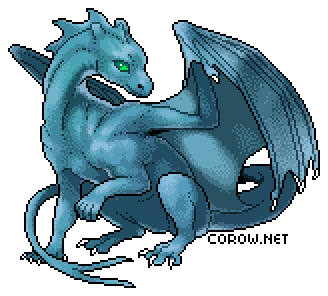 A larger image of a small blue dragon resting on its haunches, with wings half-unfurled. It has a calm expression.