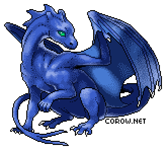 A larger image of a small blue dragon resting on its haunches, with wings half-unfurled. It has a calm expression.