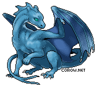 A larger image of a small blue dragon resting on its haunches, with wings half-unfurled. It has a calm expression.