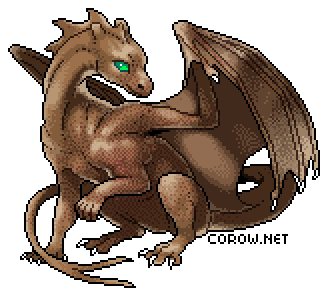 A larger image of a small brown dragon resting on its haunches, with wings half-unfurled. It has a calm expression.