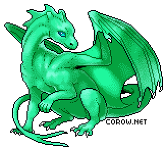 A larger image of a small green dragon resting on its haunches, with wings half-unfurled. It has a calm expression.