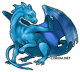 A small blue dragon resting on its haunches, with wings half-unfurled. It has a calm expression.