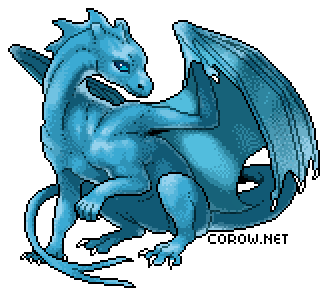 A larger image of a small blue dragon resting on its haunches, with wings half-unfurled. It has a calm expression.