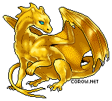 A small gold dragon resting on its haunches, with wings half-unfurled. It has a calm expression.
