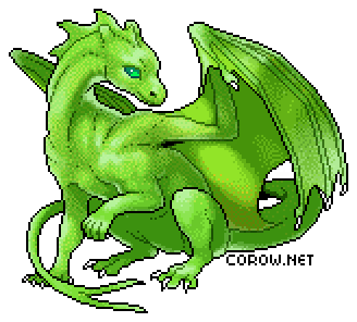A larger image of a small green dragon resting on its haunches, with wings half-unfurled. It has a calm expression.