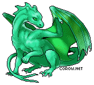 A larger image of a small green dragon resting on its haunches, with wings half-unfurled. It has a calm expression.