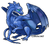 A small blue dragon resting on its haunches, with wings half-unfurled. It has a calm expression.