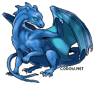 A larger image of a small blue dragon resting on its haunches, with wings half-unfurled. It has a calm expression.