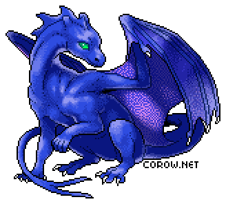 A larger image of a small blue dragon resting on its haunches, with wings half-unfurled. It has a calm expression.
