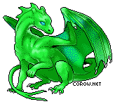 A small green dragon resting on its haunches, with wings half-unfurled. It has a calm expression.