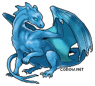 A larger image of a small blue dragon resting on its haunches, with wings half-unfurled. It has a calm expression.