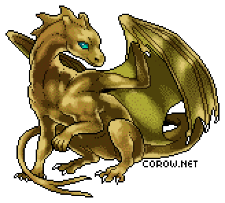 A larger image of a small bronze dragon resting on its haunches, with wings half-unfurled. It has a calm expression.