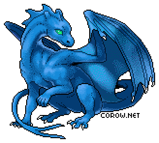 A larger image of a small blue dragon resting on its haunches, with wings half-unfurled. It has a calm expression.