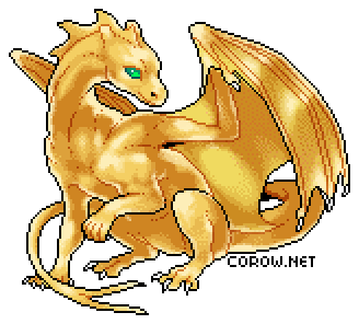 A larger image of a small gold dragon resting on its haunches, with wings half-unfurled. It has a calm expression.