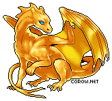 A small gold dragon resting on its haunches, with wings half-unfurled. It has a calm expression.