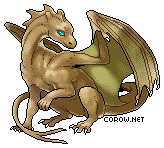 A small brown dragon resting on its haunches, with wings half-unfurled. It has a calm expression.