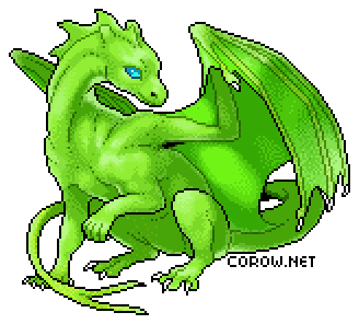 A larger image of a small green dragon resting on its haunches, with wings half-unfurled. It has a calm expression.
