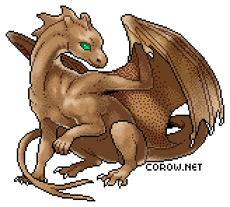A larger image of a small brown dragon resting on its haunches, with wings half-unfurled. It has a calm expression.